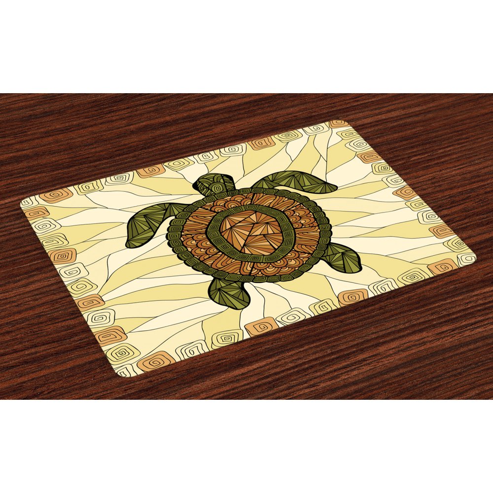 Turtle Placemats Set of 4 Stylized Turtle Zentangle on Yellow