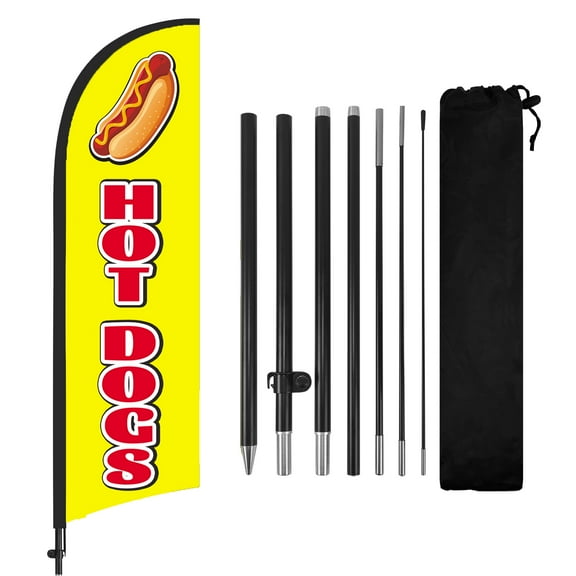 QSUM Hot Dog Sign Feather Flag with Pole Kit,8.2FT Hot Dog Decoration Display, Hot Dog Business Sign,Hot Dog Swooper Flag，Advertising Flag