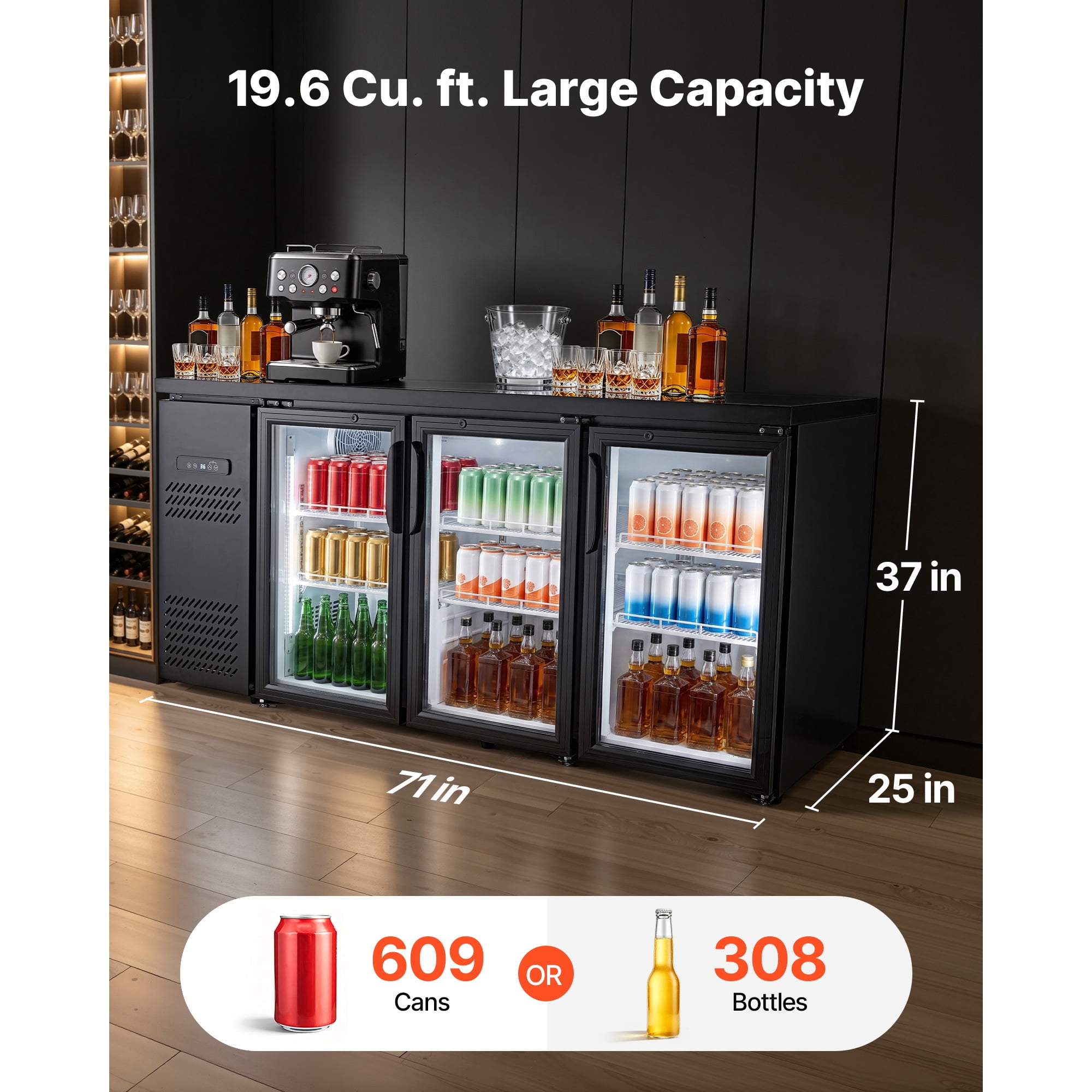 KFFKFF Counter Height Back Bar Cooler, 19.6 Cu. Ft Beverage Refrigerator with 3 Glass Doors, LED Lighting, and Fan Cooling for Commercial Use in Bars, Pubs, and Stores