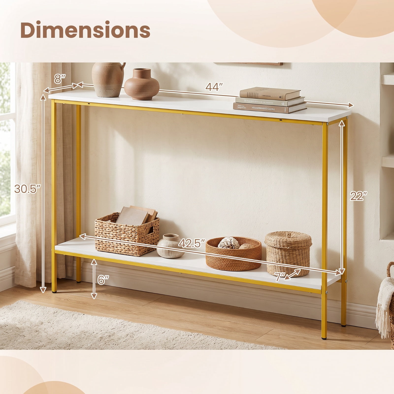 Furnibear 44 Inch Narrow Console Table with Storage Shelf and Dual Anti-Tipping Kits for Entryway Hallway Living Room Sofa Table, White