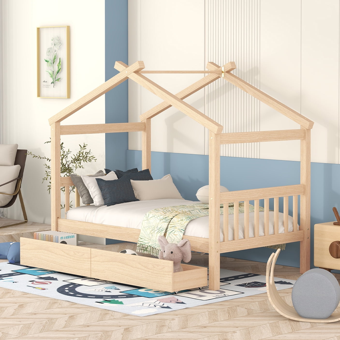 Bellemave Wood Twin Size House Shaped Canopy Bed for Kids, Montessori