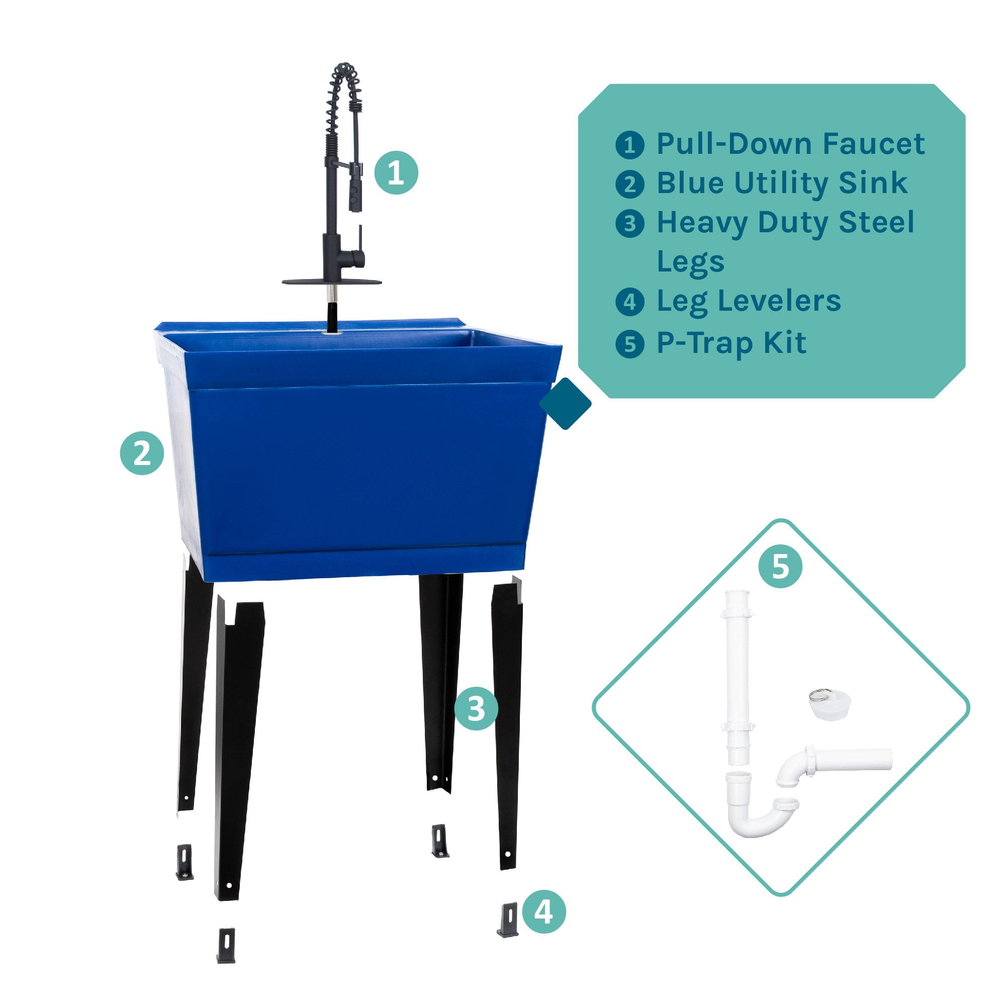 Tehila Blue 19 Gallon Utility Sink with High-Arc Black Coil Pull-Down Faucet