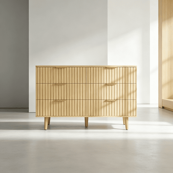 6 Drawer Dresser, Fluted Wooden Chest of Drawers for Bedroom Storage, Boho Modern Dresser with Natural Finish