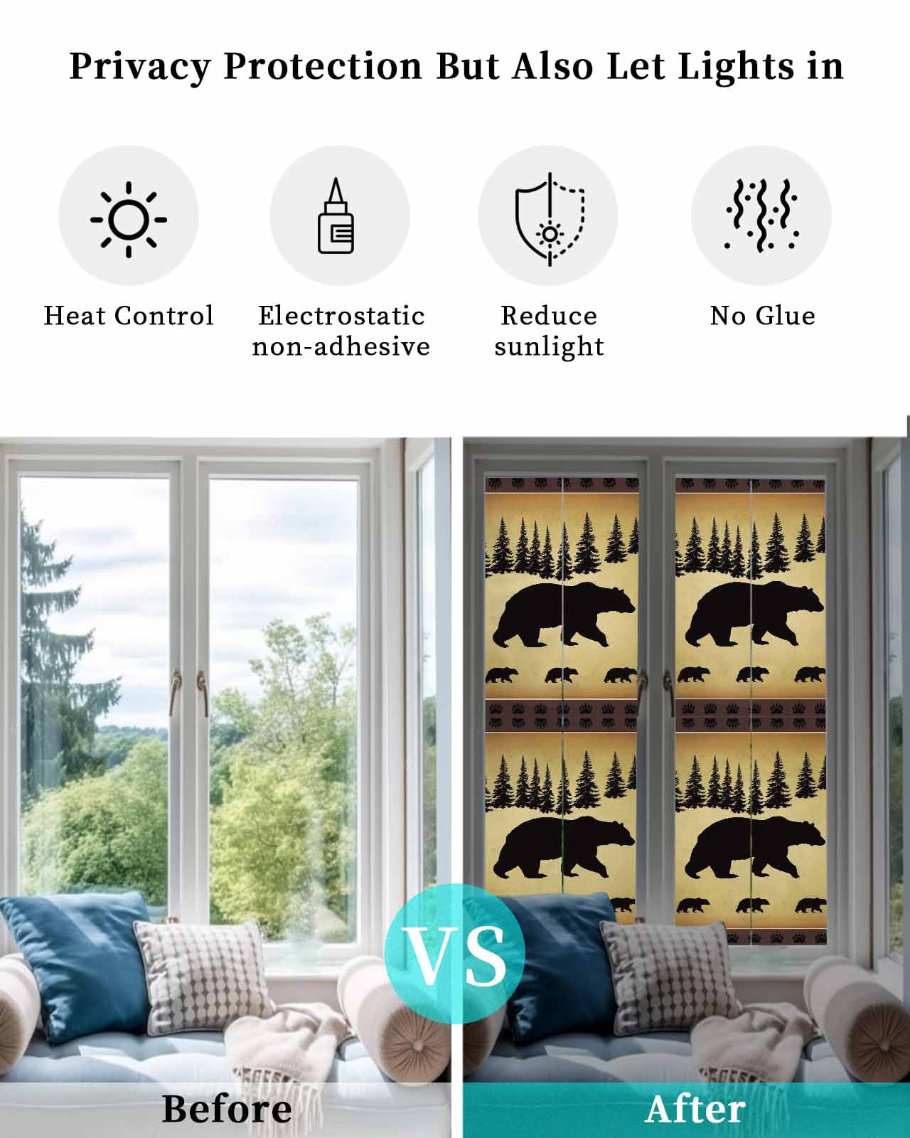 Window Privacy Film Black Bear Stained Glass Window Film Decorative Sun Block Window Cover Vintage Animals Farmhouse Pine Brown Forest Window Clings Static Adhesive Sticker for Bathroom 17.7"x78.7"