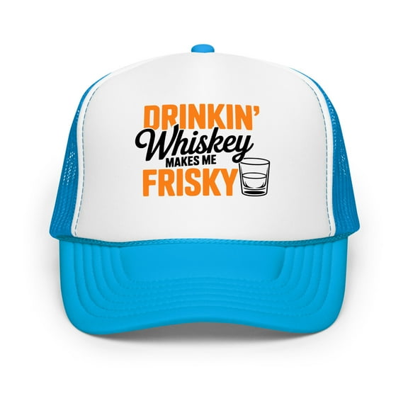Drinkin' Whiskey Makes Me Friskey Foam Trucker Hat, Funny Mesh Snapback Cap for Day Drinking and Outdoor Parties (Blue / White / Blue)
