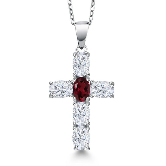 Gem Stone King 925 Sterling Silver White Moissanite and Red Rhodolite Garnet Cross Pendant Necklace for Women | 3.00 Cttw | Gemstone Birthstone | Oval 6X4MM | With 18 inch Chain