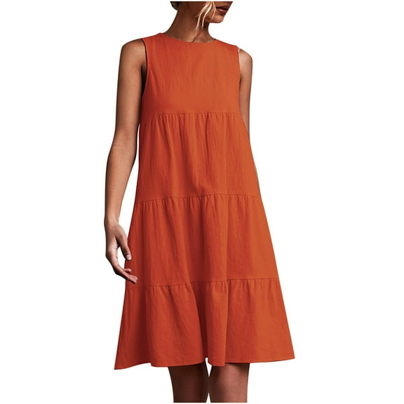 QLEICOM Summer Dress, Plus Size Casual Dresses, Women Holiday Solid Round Neck Sleeveless Party Beach Loose Dress, Beach Dress Sun Dresses Orange XL