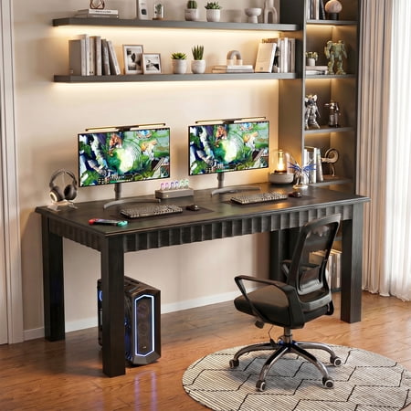 Finmind Solid Wood Computer Desk,63-inch Large Office Desk with Sturdy Legs, Rustic Table for Writing, Reading, Study, Black