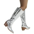 thumbnail image 5 of Berness Women Knee High Western Cowboy Boots Side Zippers Block High Heel Pointed Toe Snakeskin Print LILIBETH Silver Patent 5.5, 5 of 6