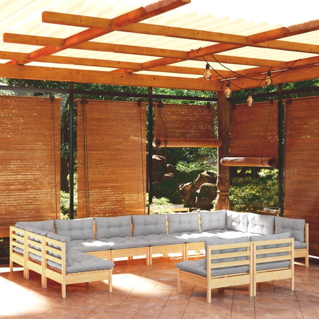 vidaXL 12 Piece Garden Lounge Set with Grey Cushions Solid Pinewood