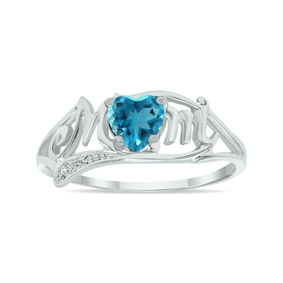 SZUL Women's Blue Topaz and Diamond Heart Shaped MOM Ring in 10K White Gold