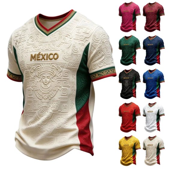 Mexico Soccer Top for Men 2026 Short Sleeve V-Neck T-Shirt with Raised Maya Aztec Texture, Mexican Flag Side Panels & Gold MXICO Print, Casual Athletic Fan Tee