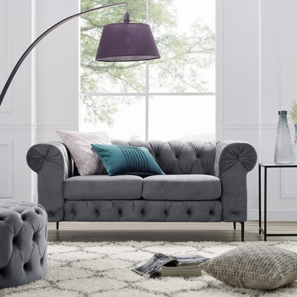 Corvus Prato Tufted Velvet Chesterfield Loveseat Sofa with Rolled Arms