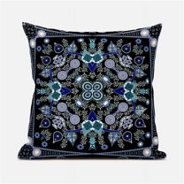 Paisley Leaf Geo Duo Throw Pillow with Removable Cover in Black Gray Midnight Blue 18x18