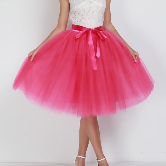 Tulle Skirts for Women Elastic Waist Lace Up Bow Knee Length Layered Mesh Flowy A Line Tutu Skirts Puffy Skirt Fairy Skirt