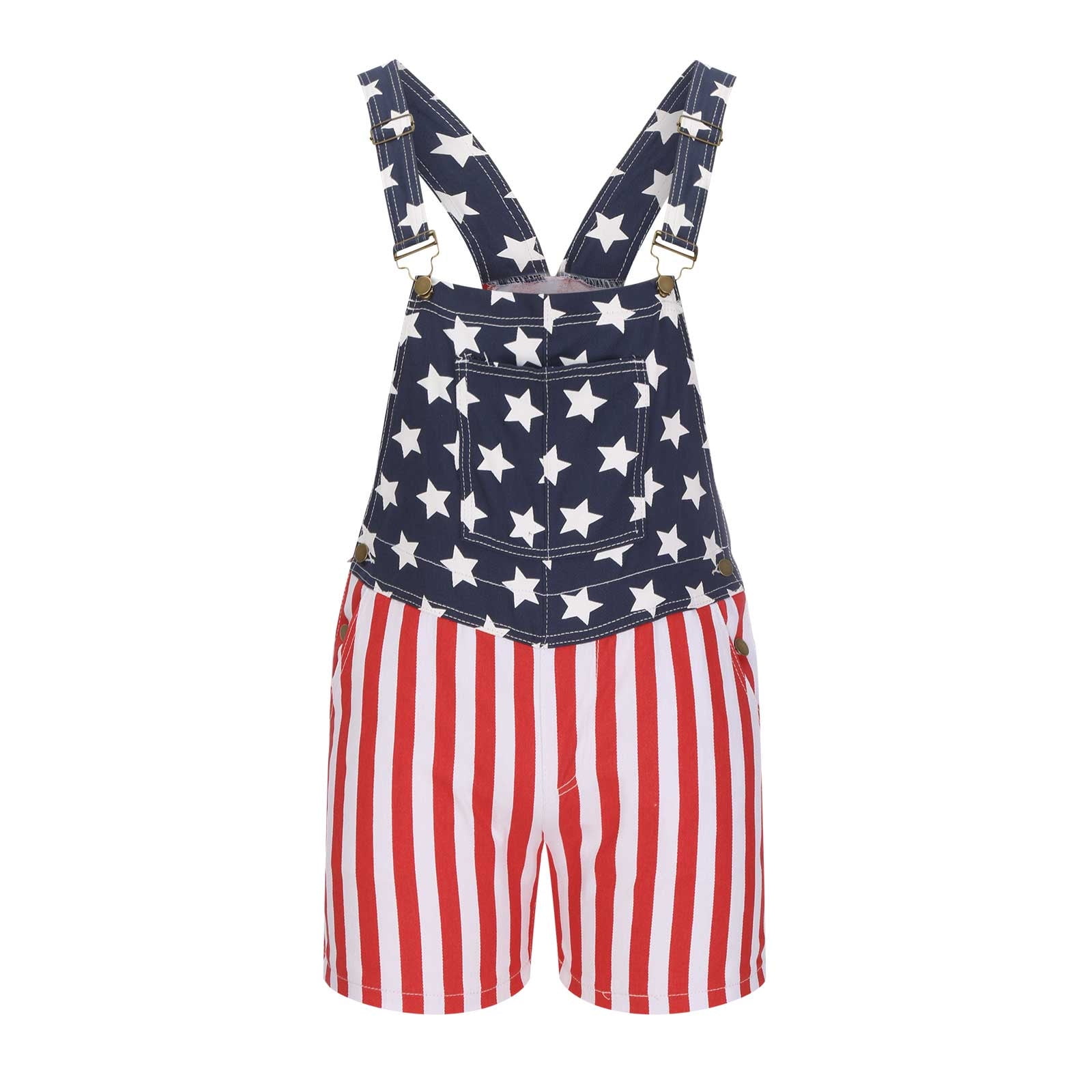 OWMEOT USA Flag Bib Overalls Mens Summer Denim Shorts Star Striped Jean Romper Patriotic Jumpsuit with Front Pocket
