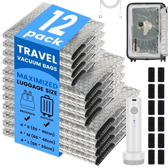 NUAHRHY 12Pcs Travel Vacuum Storage Bag Portable Suitcase Clothes Vacuum Compression Bag with Rechargeable Pump Space Saver Storage 3 Size for Luggage Backpack