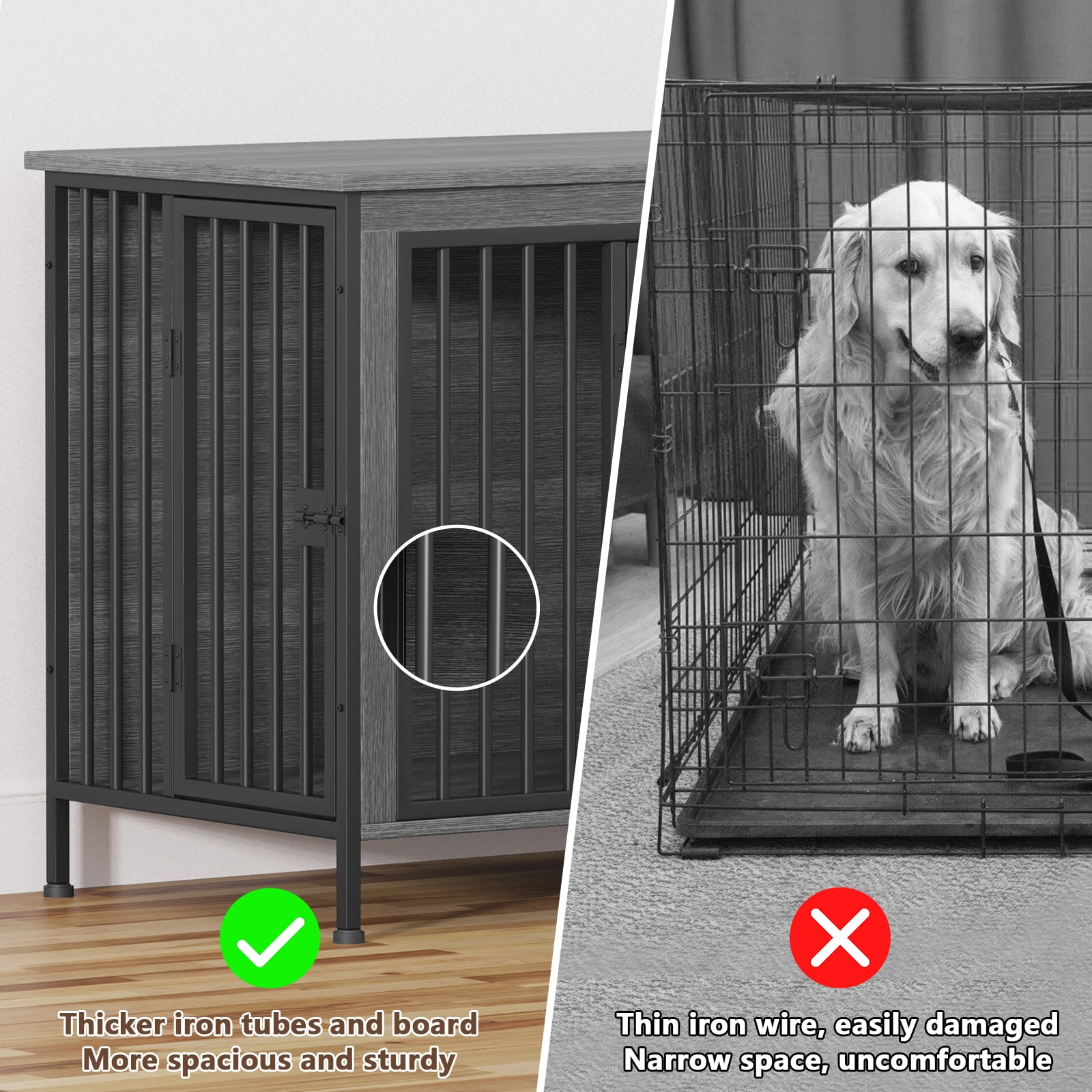 EasyCom 78" Dog Cage Furniture for 2 Dogs,Extra Large Double Dog Crate Furniture Large Breed,Wooden Dog Kennel Furniture TV Stand,Dark Gray