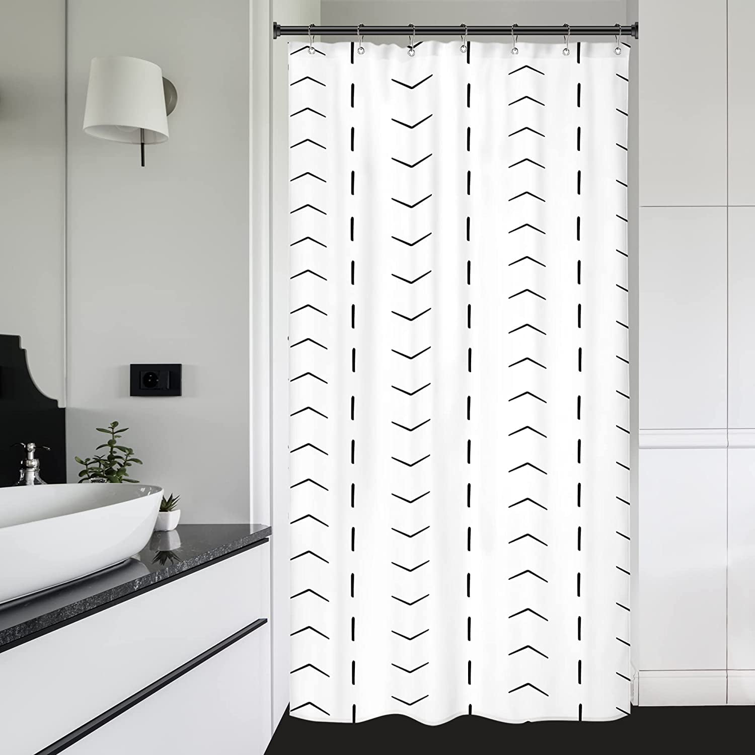 Black White Stall Small Boho Bohemian Dorm Shower Curtain Liner Half Little Size 36x72 Inch Single Narrow Tiny Walkin Rv Stand Up Camper Geometric Chevron Striped Herringbone Bathroom Decor
