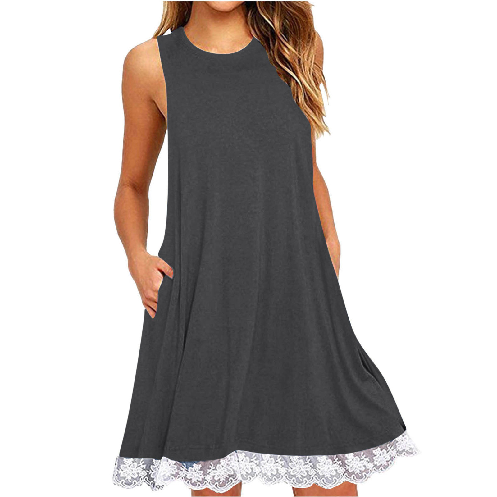 Xdegoge Summer Dresses for Women 2026 Mini Casual Sleeveless Crewneck Flowy A Line Dress with Pockets Vintage Lace Bottom Hem Summer Beach Party Resort Sun Dresses