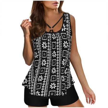 QYZEU Women Swimsuits 2 Piece Womens Swim Tops Tankini Swimsuits for Women Two Piece Bathing Suits Print Sling Swim Tank Top with Shorts Beach Swimwear Black S