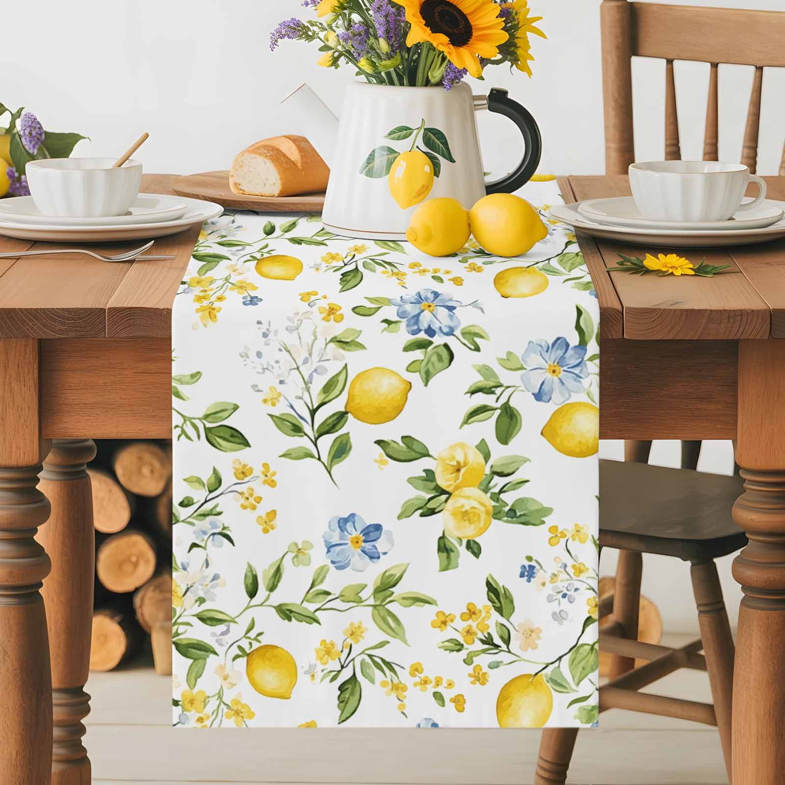 Summer Lemon Green Leaves Table Runner 90 Inches Long, Blue Flower on White Table Runners Tabletop Scarf Kitchen Dining Tables Decoration for Home Party Indoor Outdoor