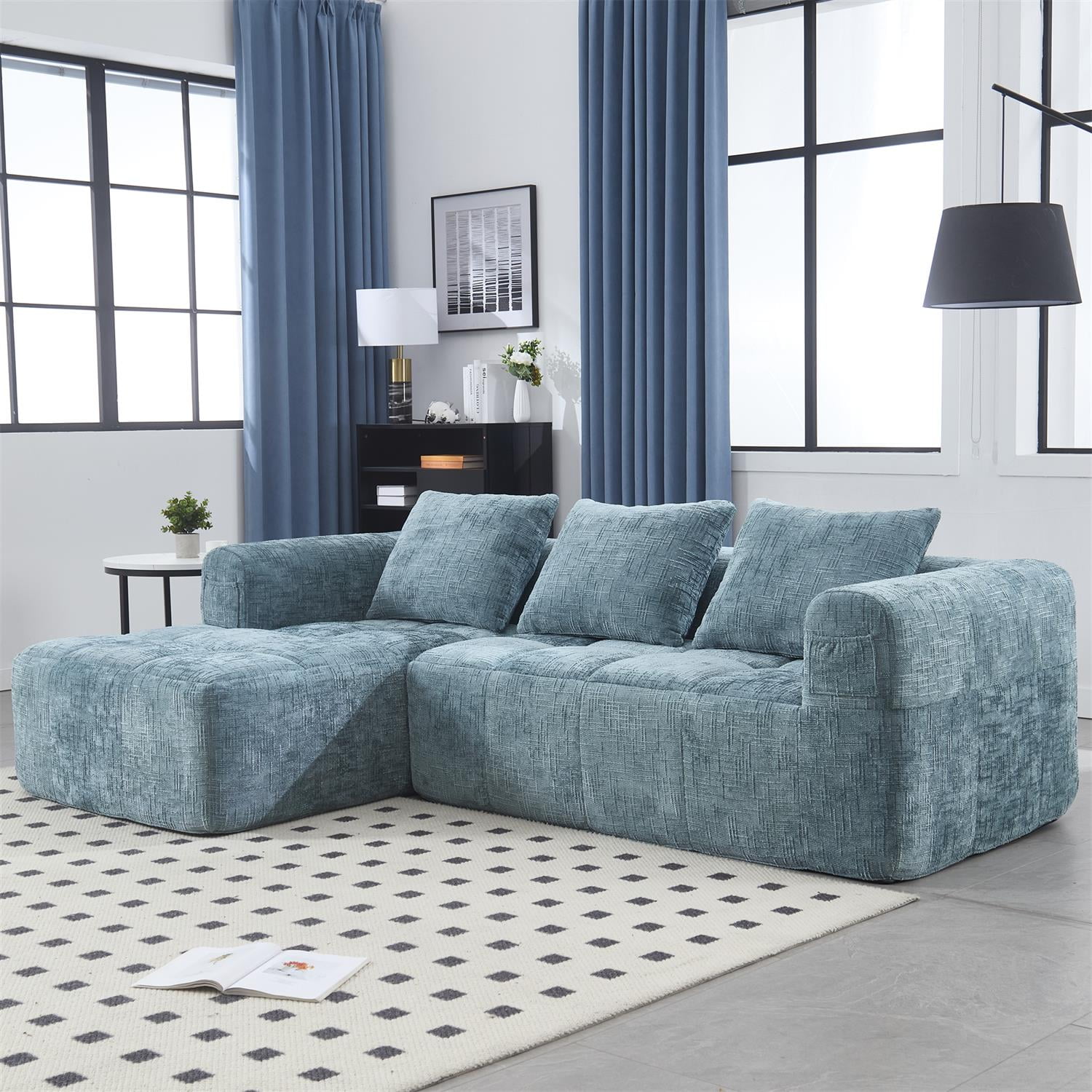 Demi Bonn 98" L-Shaped Modular Sectional Sofa with Chaise, Side Pockets, Modern Comfort Couch, Compression-Free Installation for Living Room, Blue