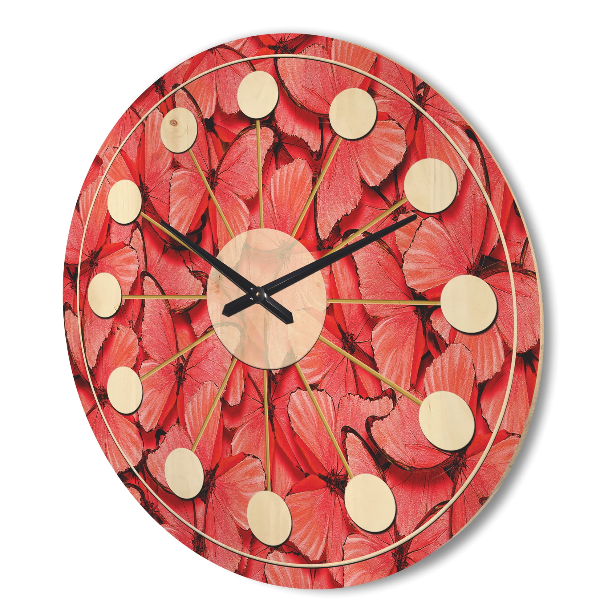 Designart 'Red Pink Butterflies' Mid-Century Modern Wood Wall Clock
