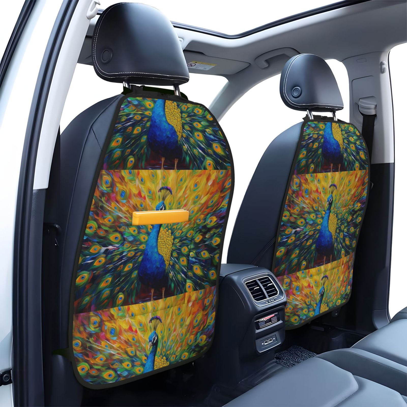 Xecao Peacocks Pattern Car Seat Back Protector 2 Pack Large Capacity Pocket, Kick Mats Back Seat Protector