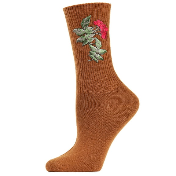 MeMoi Women's Embroidered Berry Leaf Vintage Style Crew Socks - Womens - Female, One Size, Mustard