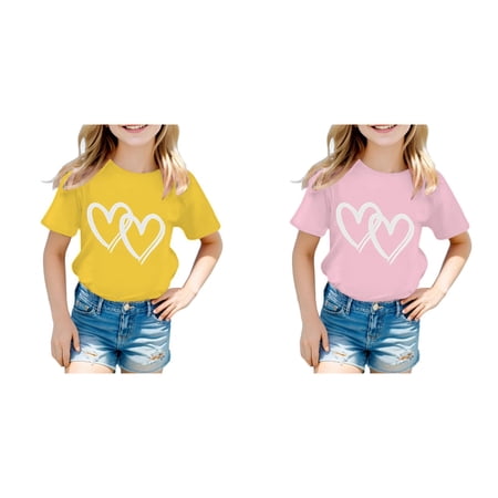 2-Pack Kid Cute Graphic Round Neck Short Sleeve Tee Summer Casual T Shirt Light Long Sleeve Shirt Big Pajamas Top Bow Womens Shelf Bra Camisoles Children s Tee Shirts Toddler