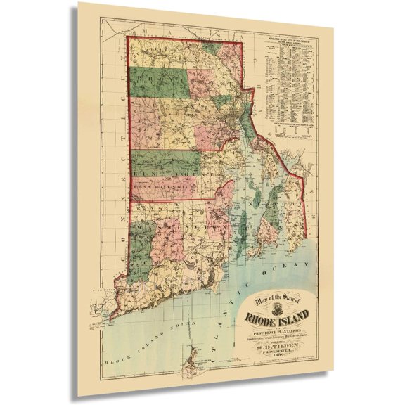 HISTORIX Vintage 1880 Rhode Island State Map - 18x24 Inch Vintage Map of Rhode Island Wall Art Decor - Map of Rhode Island and Providence Plantations Poster with 1875 1880 Population Census (2 Sizes)