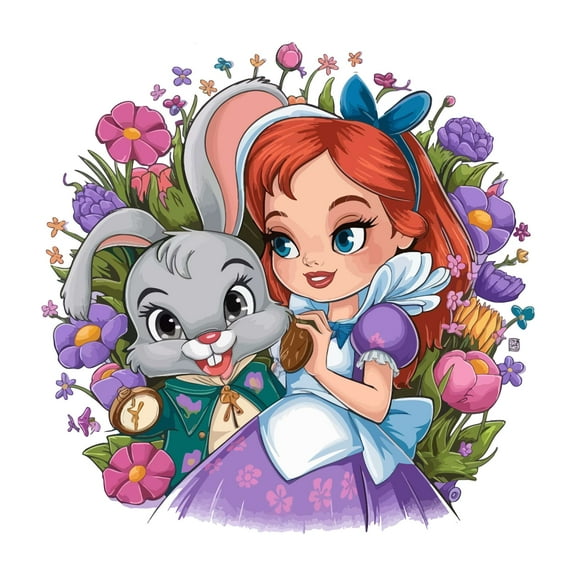 Vibrant Cute Floral Alice and Rabbit Mad Hatter Cheshire Cat Alice in Wonderland Adventurous Creative Minimalist Cartoon Girls Boys Kid Room Design Nursery Fun Home Vinyl Decoration Size (20x20 inch)