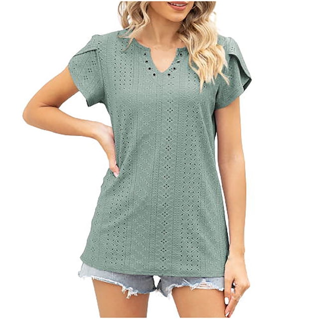 Blouses à Manches Courtes pour Femmes Mode Été Col en V Loisirs Manches Courtes Hauts Unis Blouses à Manches Courtes pour Femmes