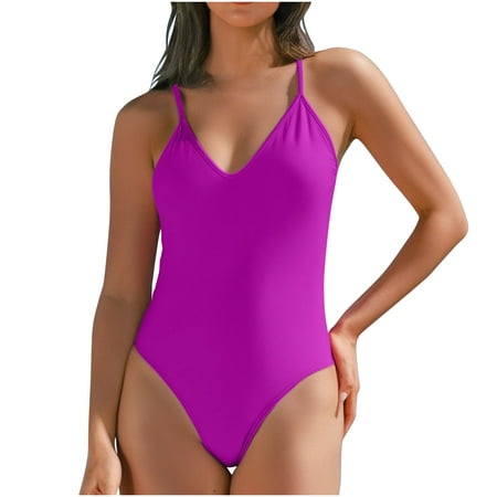 TrendVibe365 Swimsuit One Piece Women Purple Thong V Neck with Padded Bras Solid Swimwear Beachwear 2XL
