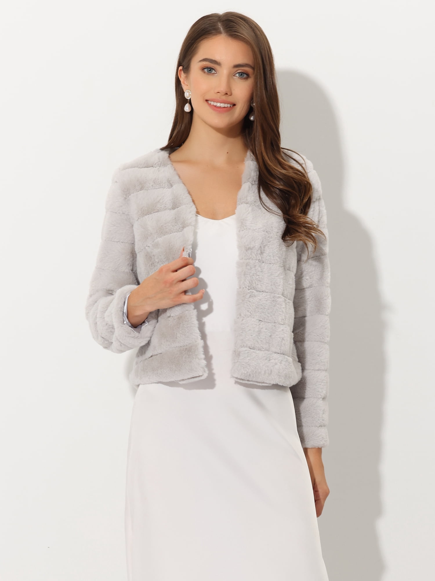 DARING DIVA Women's Long Sleeve Collarless Shaggy Soft Faux Fur Coat XS Light Gray