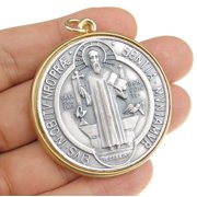 Medalla De San Benito 48mm Christian Medal Saint St Benedict Italy 2-Tone Catholic Medallion Pendant