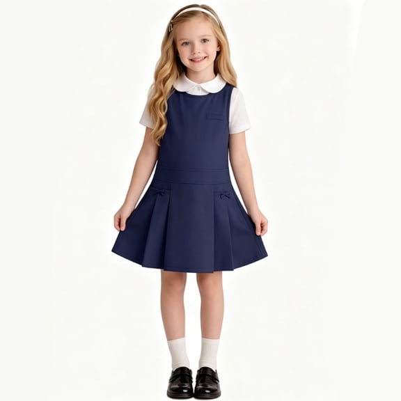 Girls Preppy Pinafore Jumper Dress, Sleeveless Pleated A-line Dress With Side Pockets, Comfort Fabric for Birthday Party Outfits A 110