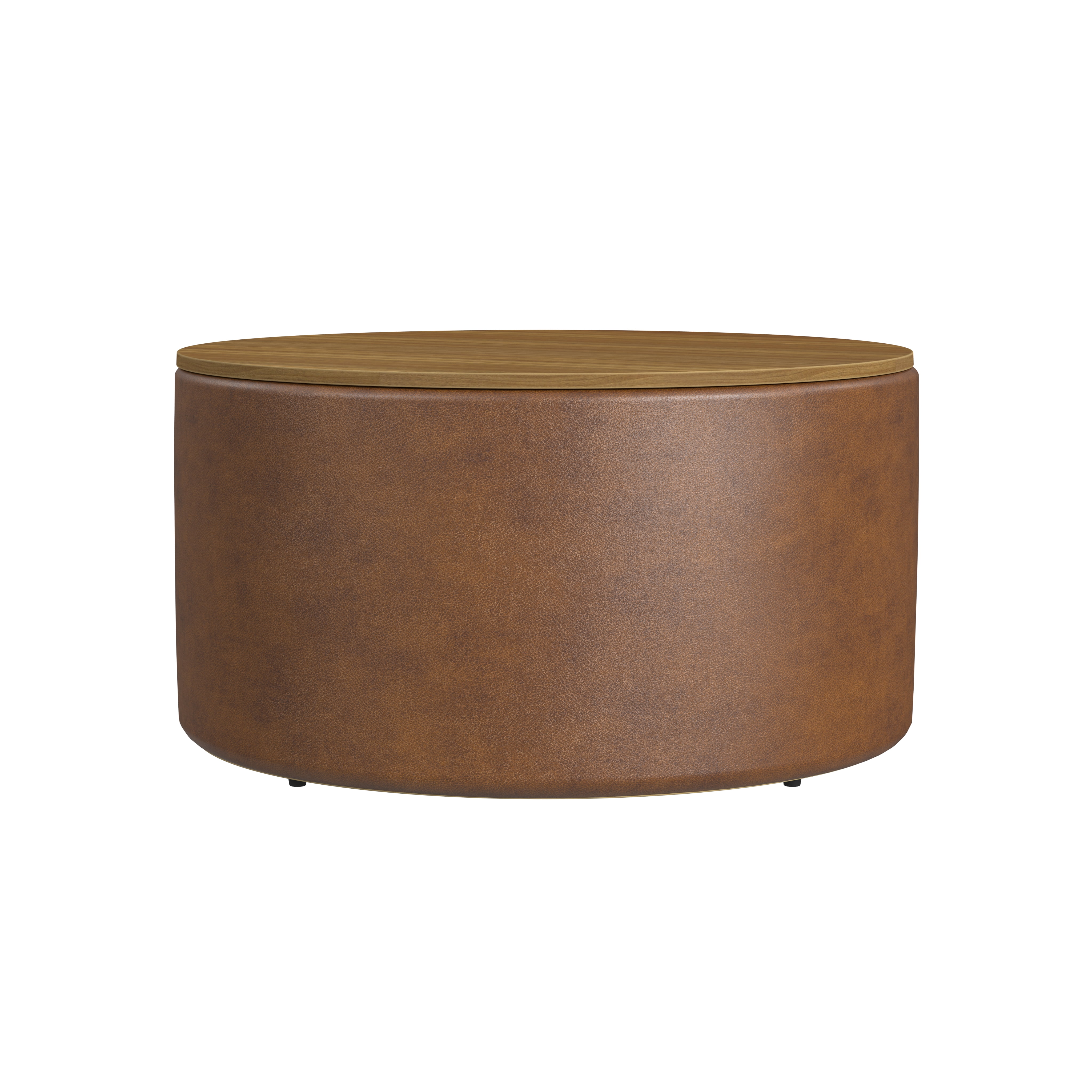 HomePop Large Modern Round Storage Ottoman with Wood Lift-Top Lid, Brown Faux Leather/Honey Oak