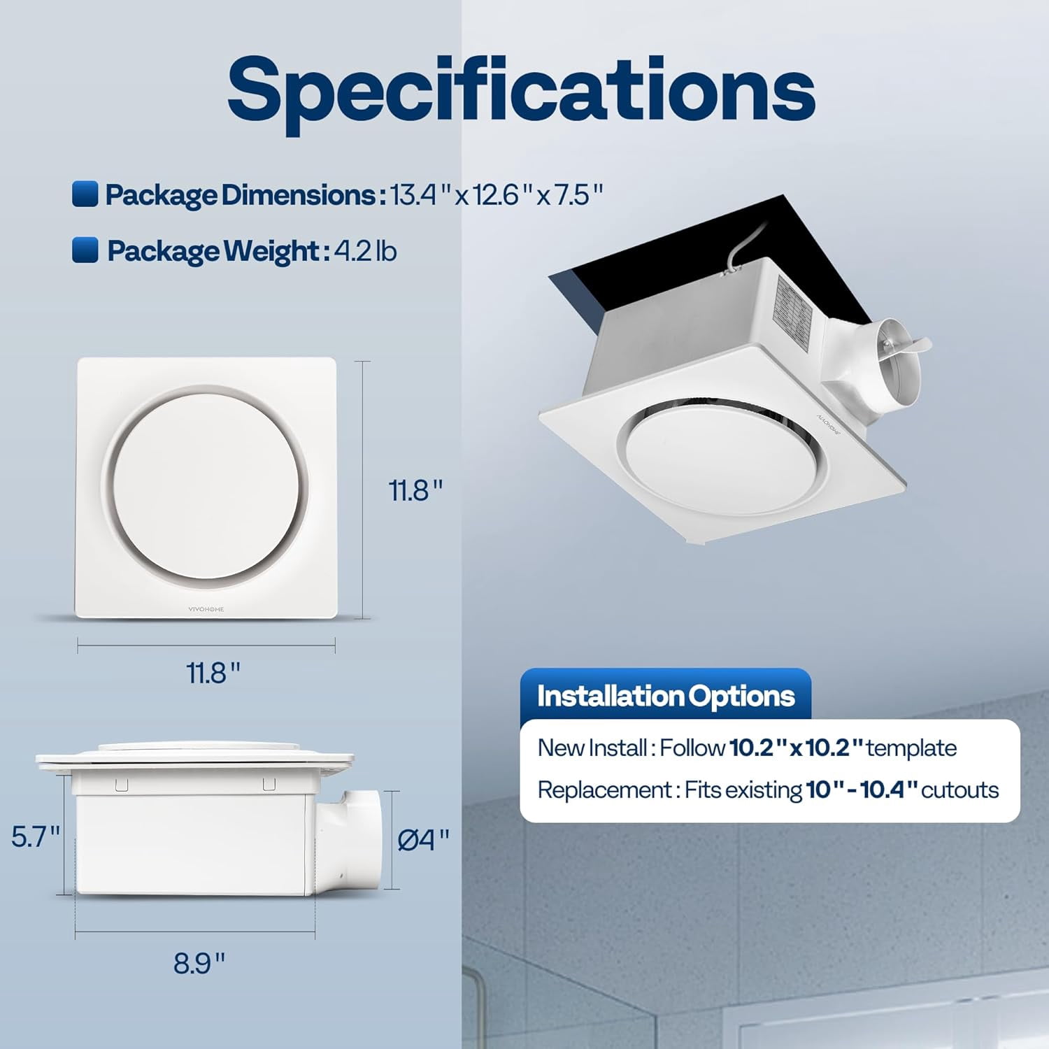 AutoFlow Bathroom Fan with Humidity Sensor, 30-160 CFM EC Motor, 10.2" Retrofit Kit & 4" Duct Included