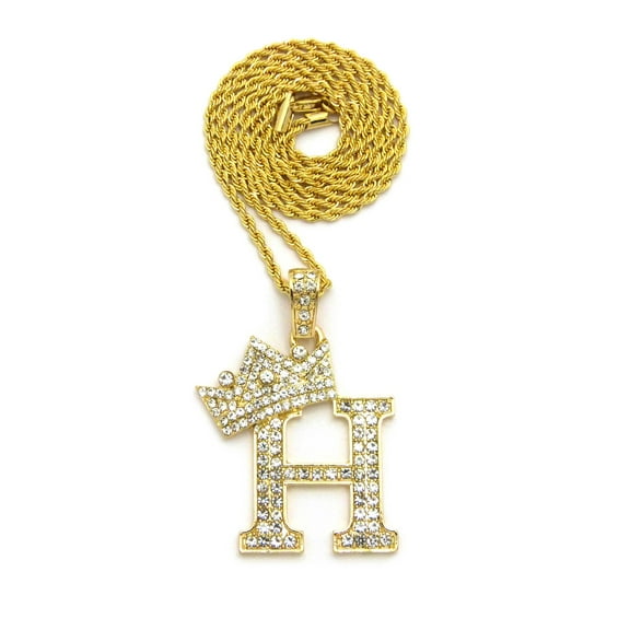 Stone Stud Allover Tilted Crown Initial H Pendant w/ 2mm 24" Rope Chain Necklace, Gold-Tone