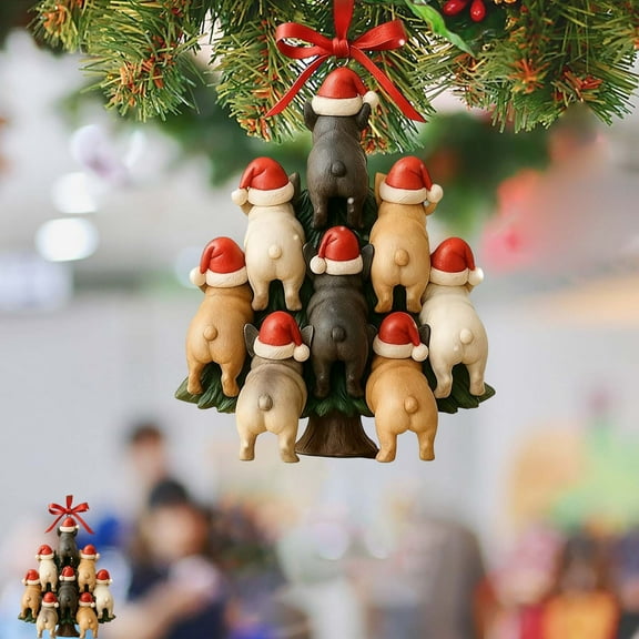 Taicans Adorable Stackede Acrylic Dog Ornaments - 3in Mini Santa Hat Figurine with Red & Bow - Perfect Christmas Tree/Holiday Decor for Home & office - Thoughtful Unique Gift for Dog Lovers