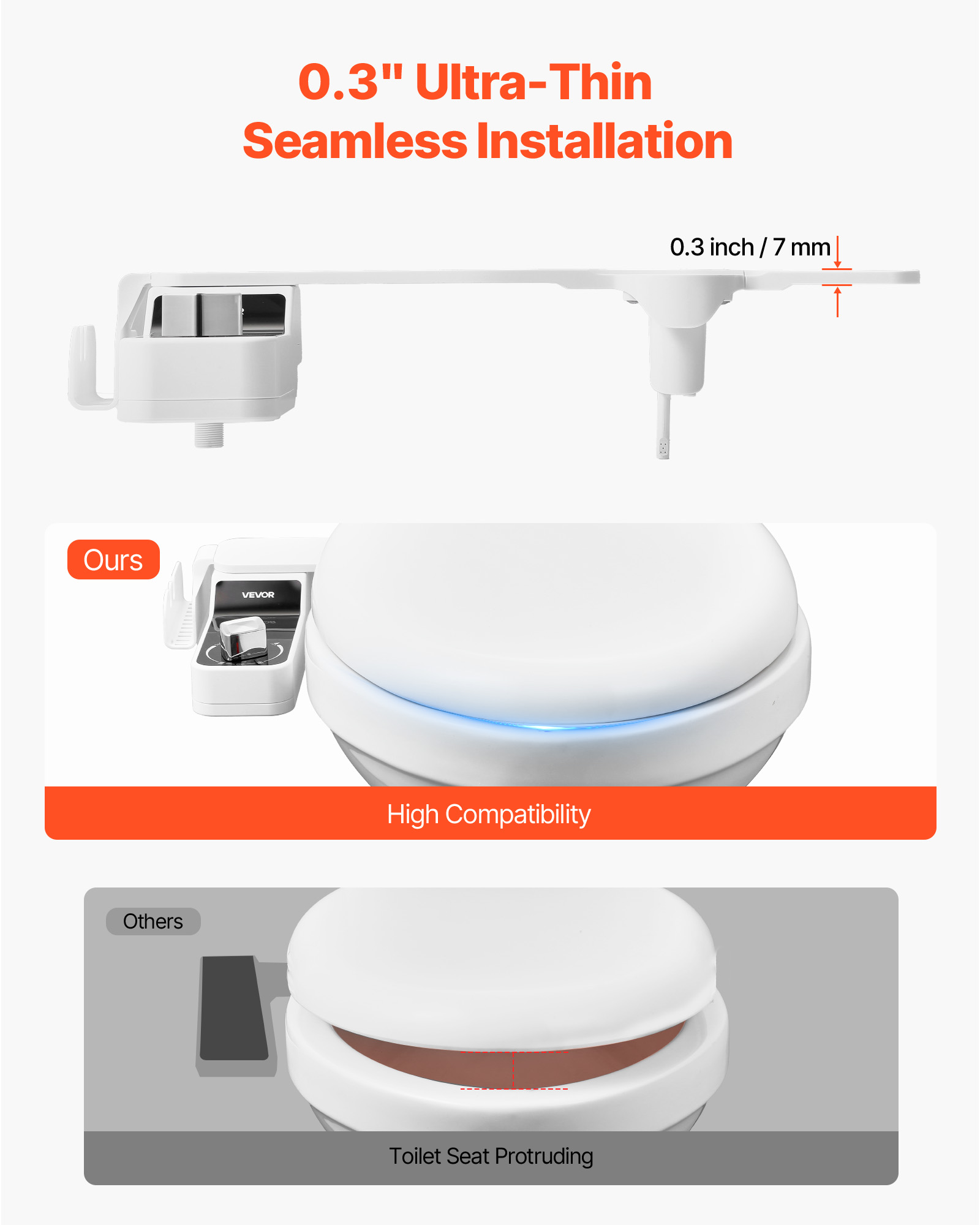 VEVOR Bidet Attachment for Toilet, 0.3" Ultra Thin Bidet Toilet Seat Attachment - Dual Retractable Nozzles, Adjustable Water Pressure,Non-Electric Cold Water Sprayer for Front Rear Water Wash,White