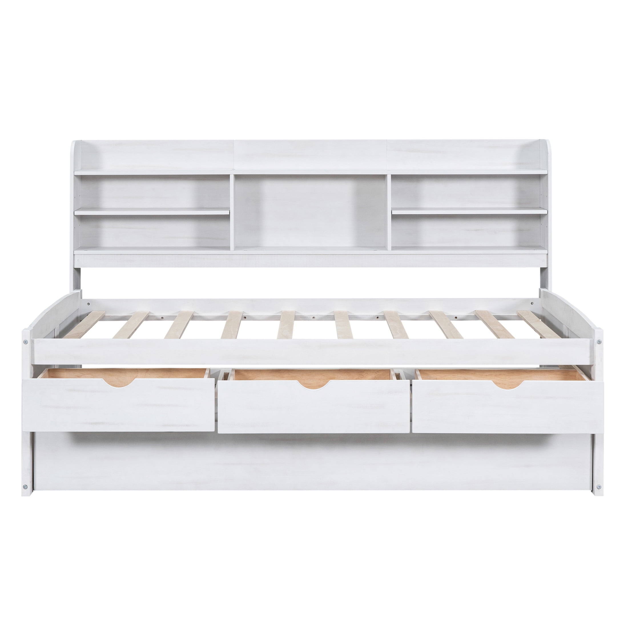 Noble House Savoy Twin Size Wooden Captain Bed with Bookcase Headboard and Trundle, Storage Drawers, White Washed