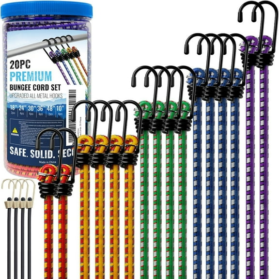 GMZW 12 Premium Bungee Cords Heavy Duty,20 pcs Bungee Cords with Hooks in A Storage Jar, Includes 10", 18", 24", 30", 36", 48" Bungie Cord Bundle