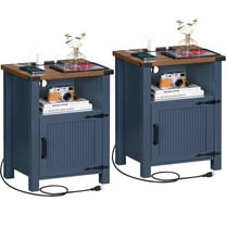Joaxswe 18" Farmhouse Nightstand with Charging Station Set of 2, Open Shelf Bedside Table for Bedroom, Navy Blue