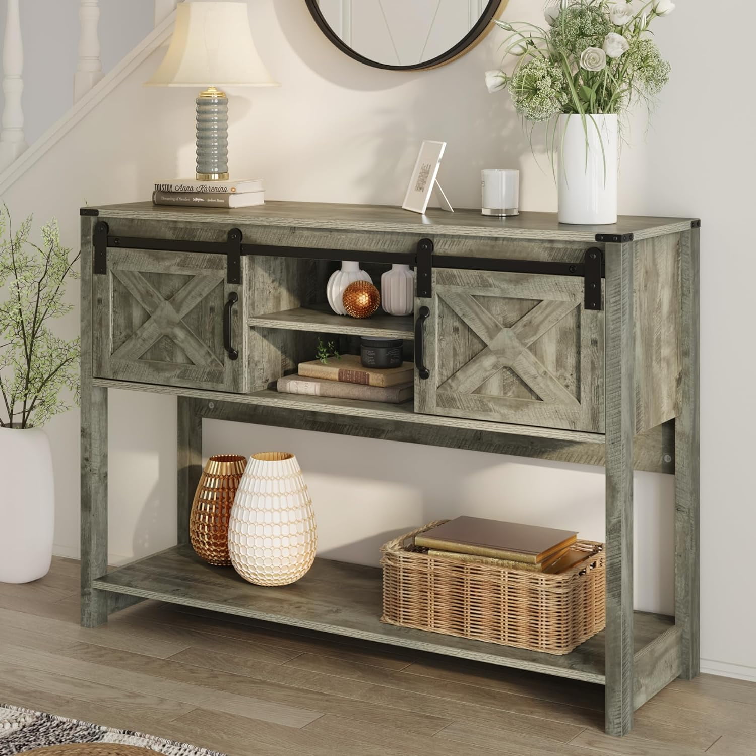 CozyHom Farmhouse Console Table with Storages&Shelves, Side Entryway Table With Sliding Barn Doors, Light Gray