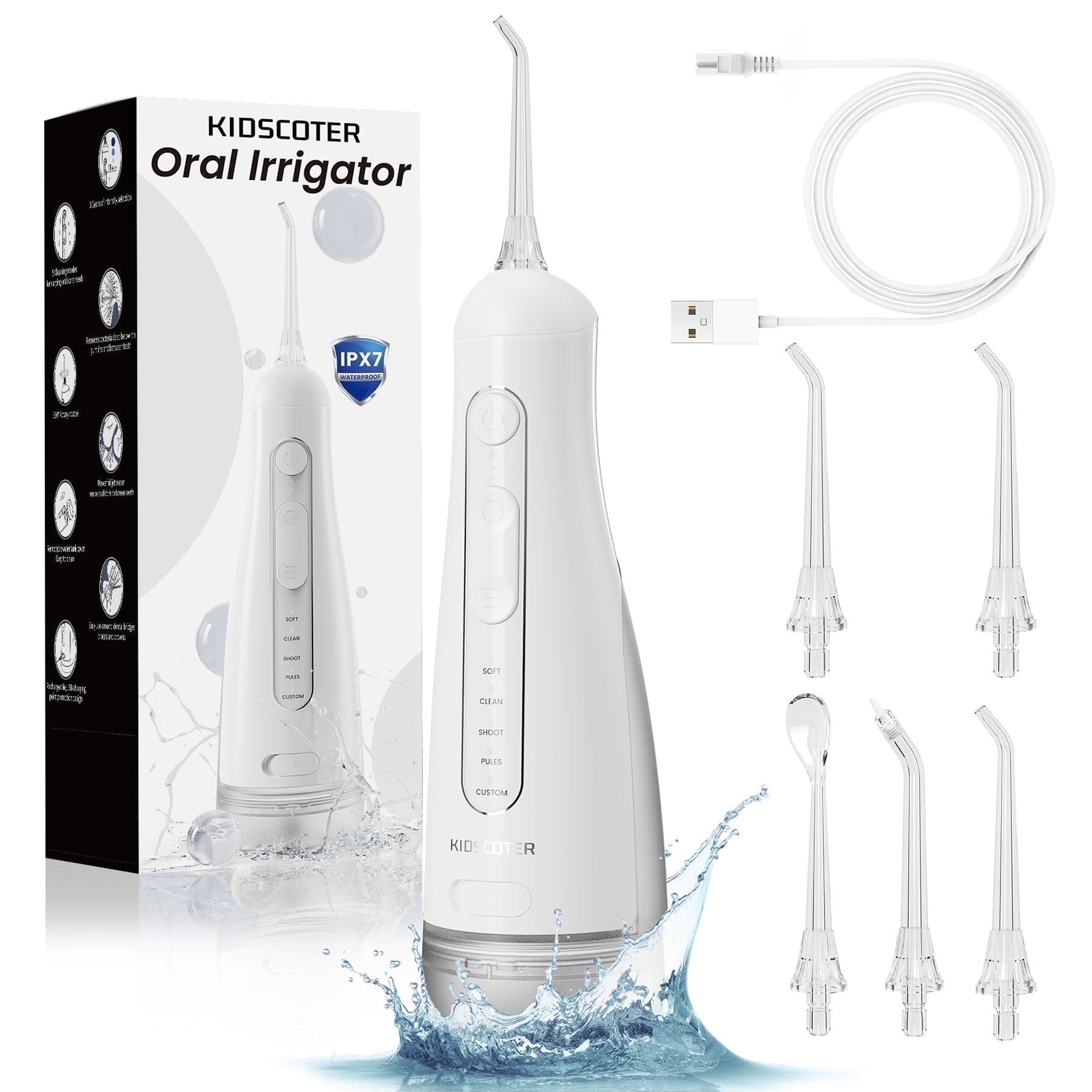 KIDSCOTER 300ML Water Flosser, 5 Modes 5 Tips,Detachable Tank, IPX7 Waterproof, White