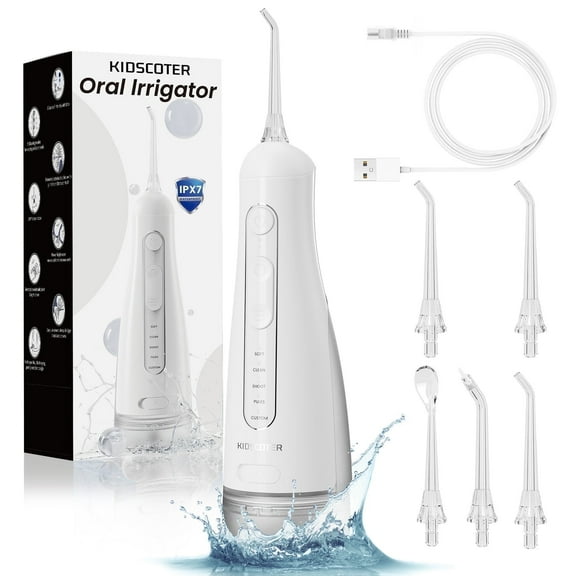 KIDSCOTER 300ML Water Flosser, 5 Modes 5 Tips,Detachable Tank, IPX7 Waterproof, White