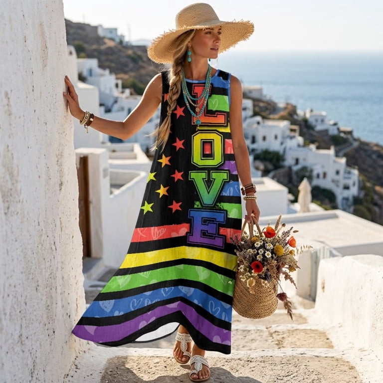 rainbow bohemian dress FKELYI LGBT Love Print Women's Summer Maxi Faux Linen Casual Tank Beach Dress with Pockets for Vacation Crew Neck Outfit Sleeveless Sundress, 2XL Dress Details Bohemian rainbow black-dresses Black sweater dress H&M Size:12Wide